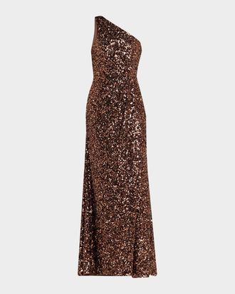 Halston Heritage Lexi One-Shoulder Sequin Gown
