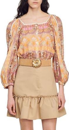 Sandro Print Blouson Linen Blend Top in Beige at Nordstrom Rack, Size 3 (Fits Like 8 Us)