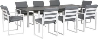 Beliani Conjunto De Comedor De 7 Piezas Blanco De Aluminio Con Tablero Extensible Y 8 Sillas Con Cojines Grises Pancole