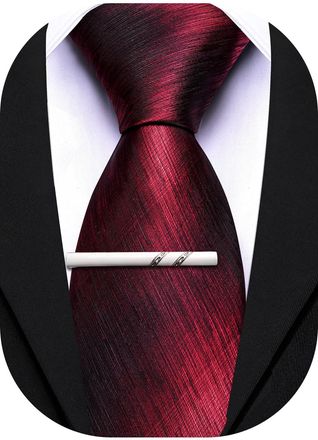 Barry.Wang Silk Men Ties Formal Stripes Necktie and Tie Clip for Wedding Party Business Fashion Classic, Dark Burgundy, One Size
