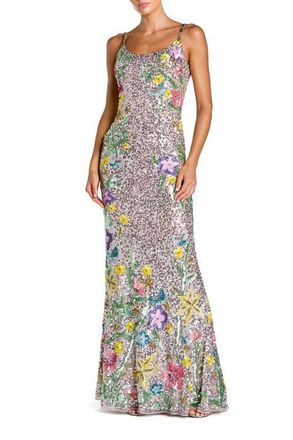 Mac Duggal Embellished Sleeveless Cowl Back Gown in Silver Multi at Nordstrom, Size 10