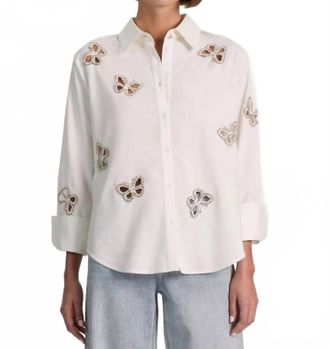 Alice & Olivia Finely Embellished Button-Front Shirt In Off White/silver Crystal