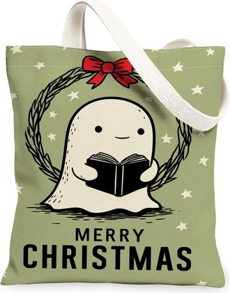 Generic Cute Ghost Christmas Canvas Tote Bags, Merry Holiday Design Reusable Grocery Bags, Lightweight Washable Shoulder Strap Tote, Green, 13x15 Inch