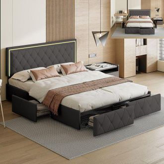 OEM Cama 140x200 Cm Contempor&aacute;nea En Pu Gris Con Led, Somier De Lamas Y 4 Cajones - Marco Doble