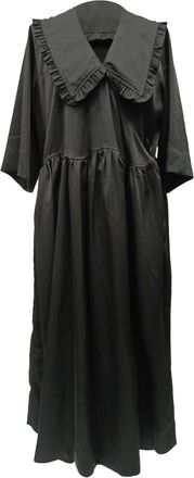 Ganni Ganni Smocked Ruffled Collar Maxi Dress in Black Polyester