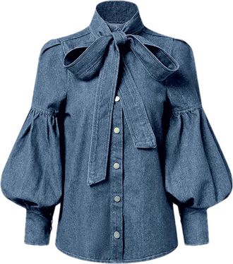 Generic Womens Long Puff Sleeves Splicing Denim Blouse Vintage Bow-Embellished High Neck Shirts Light Blue L