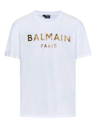 Balmain Mens Gold Logo Printed T-Shirt in White Cotton - Size 2XL