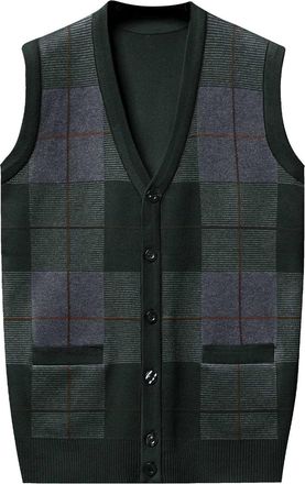 Generic Mens Jumpers Vest,Sleeveless V Neck Sweaters Waistcoat,Button Knitted Wool Sweater Tank Tops,Check Slipover Gilet with Pockets,Slim Fit Casual Knitwea