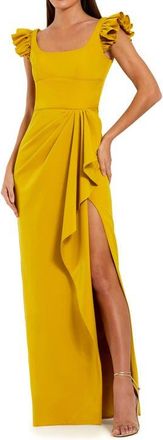 Mac Duggal Ruffle Strap Ruched High-Slit Column Gown in Chartreuse at Nordstrom, Size 14