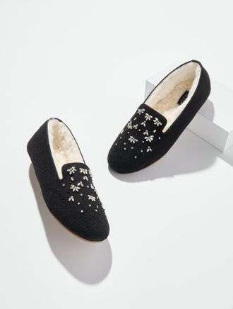 Talbots Fireside Embellished Flannel Slippers - Black - 10M Talbots