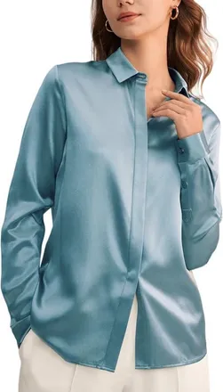 LilySilk Womens Basic Concealed Placket Silk Shirt in Blue Haze at Nordstrom, Size X-Small
