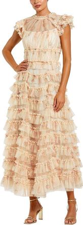 Mac Duggal Printed Mesh Short Sleeve Micro Ruffle Midi Dress