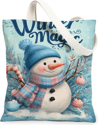 Generic Winter Snow Man Canvas Tote Bags, Festive Holiday Art Pattern Reusable Grocery Bags, Lightweight Washable Shoulder Strap Canvas for Travel Shopping Pi
