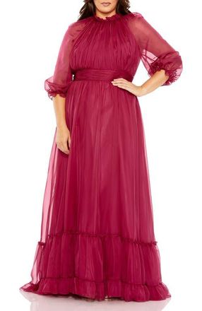 Mac Duggal Elegant Ruffled High Neck Gown with Sheer Sleeves and Pleated Cummerbund in Crimson at Nordstrom, Size 14W
