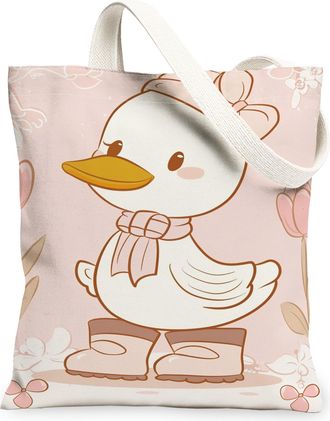 Generic Cute Duck Canvas Tote Bags, Floral Pattern Reusable Grocery Bags, Spring Lightweight Washable Shoulder Strap Canvas for Out, Peach, 13x15 Inch