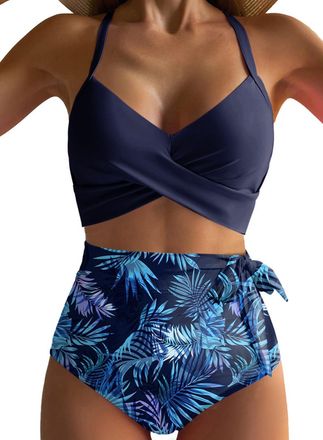 Dokotoo Womens Bikini Sets High Waisted Ladies Swimming Costumes Bikinis 2 Pieces Floral Printed Women Swimsuits Bathing Suit Beach Vacation Womens Beachwear 