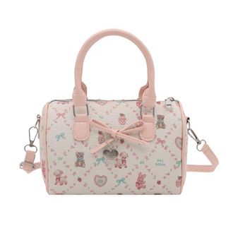 Generic Cute Small Crossbody 8.07 Inch Bag Satchel Handbag for Women, Bunny and Flower Print Design, Pink Leather Handles and Edges, for Daily Use, Casual Out
