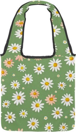 Generic Fresh Green Daisies Reversible Canvas Shoulder Tote - Double-Sided Print, 12oz Cotton, 27cm Drop, Fold-Flat Bag for Travel, Shopping, Street Outings