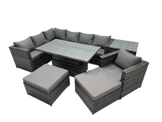 Fimous 9-seater Rattan Garden Furniture Dining Set with Side Table Big Stool in Dark Grey