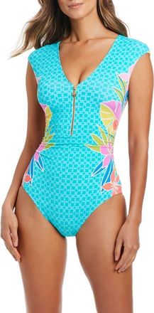 Bleu Rod Beattie Cap Sleeve Zip Front One-Piece Swimsuit in Aqua Fresca at Nordstrom, Size 10