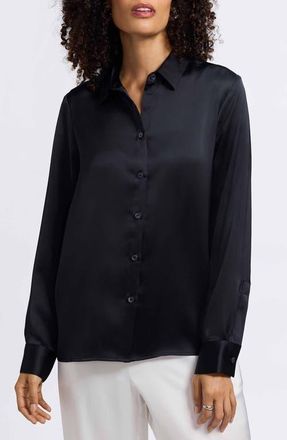 Foxcroft Bianca Satin Shirt in Black at Nordstrom, Size X-Large