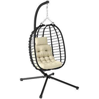 OUTSUNNY Rattan Hanging Egg Chair w/ Stand - Cushion - Headrest - Light Grey | TJ Hughes