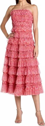 Mac Duggal Floral Strapless Ruffle Midi Dress In Pink Multi