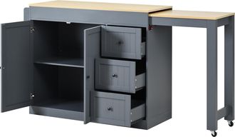 STILVORA Isla De Cocina Con 3 Cajones, Estantes Ajustables, Encimera Extensible Y Especiero Con Ruedas En Mdf Gris