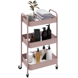 HOMCOM 3 Tier Rolling Utility Cart With 3 Mesh Basket - Pink - Pink | TJ Hughes