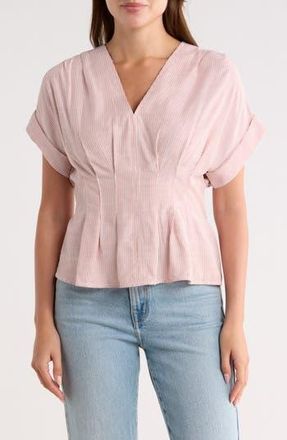 Max Studio Stripe Short Sleeve Pleated Front Top in Off White/Baked Apple Stripe at Nordstrom Rack, Size X-Small