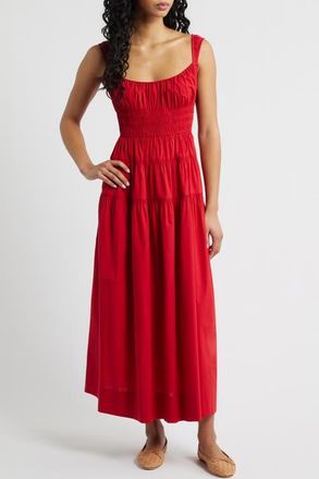 D&ocirc;en Clover Organic Cotton Poplin Tiered Sundress in Deep Tomato at Nordstrom, Size X-Small