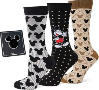 Cufflinks Inc. x Disney Mickey & Friends Assorted 3-Pack Cotton Blend Dress Socks & Lapel Pin Gift Box Set in Mickey Multi at Nordstrom, Size 10-13