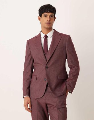 Asos Giacca da abito slim bordeaux a spina di pesce-Rosso