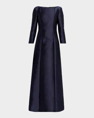 Alberta Ferretti Mikado Silk 3/4-Sleeve A-Line Gown