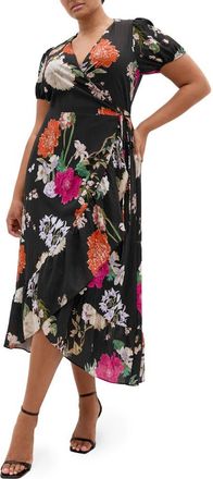 City Chic Belle Floral Print Wrap Dress in Black Botanique at Nordstrom, Size 22W