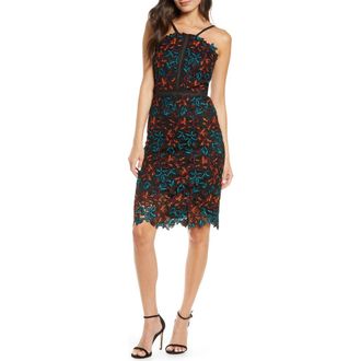 Chi Chi London Payge Halter Neck Lace Cocktail Dress in Black at Nordstrom, Size 6