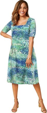 Jessica London Stretch Cotton Square Neck Midi Dress in Ocean Print at Nordstrom, Size 20