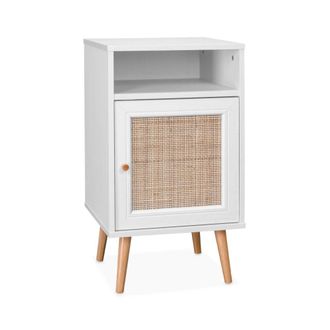Sweeek Mesita de noche con 1 puerta, de madera y ca&ntilde;a trenzada, blanco