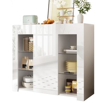 STILVORA Aparador Con 1 Puerta Y Estantes De Cristal, Frontal Blanco Brillo, Estilo Moderno, En Tablero De Part&iacute;culas, 95&times;35&times;83 Cm