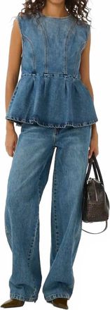 Gestuz Melu Denim Top In Classic Mid Blue Wash