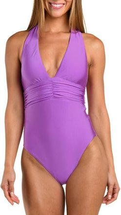 Sunshine 79 Solids Ruched Plunge One-Piece Swimsuit in Lilac at Nordstrom, Size 12