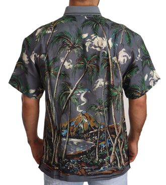 Dolce & Gabbana Mens Gray Linen Tropical Print Collared Shirt