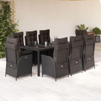 vidaXL Set De Comedor De Jard&iacute;n 9 Pzas Y Cojines Rat&aacute;n Sint&eacute;tico Negro Vidaxl