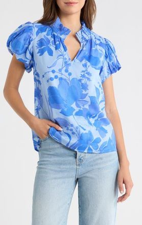 Sugarlips Veran Floral Puff Sleeve Cotton Top in Light Blue at Nordstrom, Size X-Large
