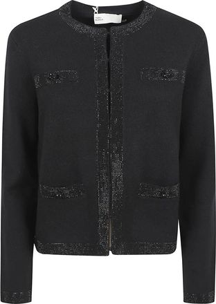 Tory Burch Kendra Embellished Wool Cardigan - Dames - Vesten - Zwart - L - Wol - Truien & Vesten