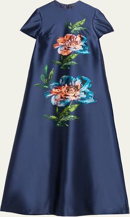 Reem Acra Floral-Print Satin Faille Long Kaftan Gown