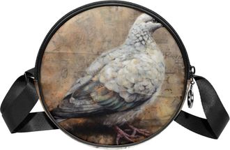 Generic Circle Crossbody Bag for Women, Vintage Pigeon Pattern Small Sling Bag Daypack with Zipper Adjustable Shoulder Straps Casual Ladies Girls Round Purse