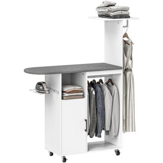 HOMCOM Homcom - Mueble De Planchar Con Ruedas Y Barra Lateral Mueble Planchado Con Tabla De Planchar Barra Para Ropa Estante Ajustable 127,5x43,5x153 Cm Blan