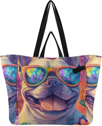 Generic Bulldog Floral Purple print Reusable Canvas Tote Bag, Heavy Duty Grocery Shopping Bag with Double Handles Large Capacity Hard Bottom Work Groceries Tr