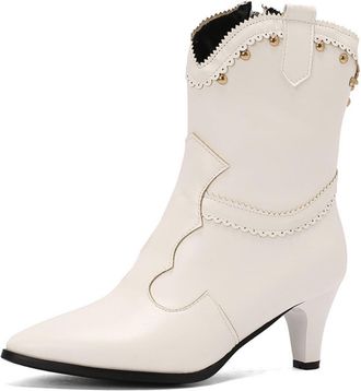 Generic Womens Kitten Heel Western Cowboy Boots Pointed Toe Ankle Boots with Rivet PU Leather Booties with Side Zipper,White,4.5 UK